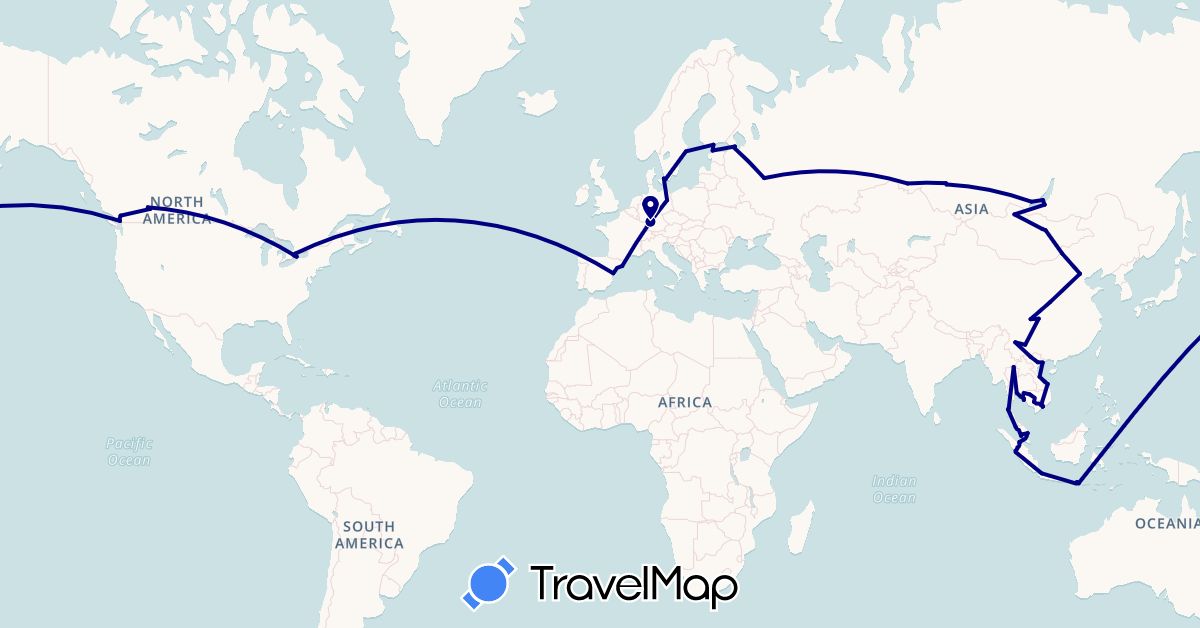 TravelMap itinerary: driving in Canada, China, Germany, Denmark, Estonia, Spain, Finland, Indonesia, Cambodia, Mongolia, Malaysia, Russia, Sweden, Thailand, United States, Vietnam (Asia, Europe, North America)